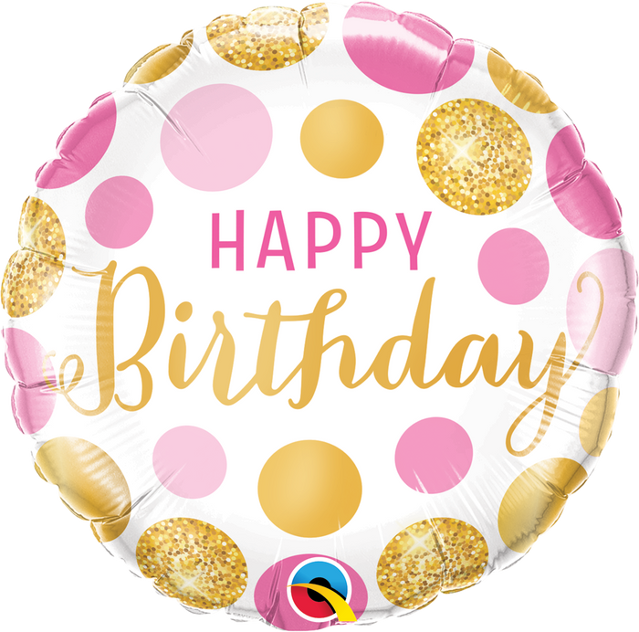 45cm Birthday Pink & Gold Dots Round Foil Balloon UNINFLATED