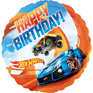 45cm Hot Wheels Happy Birthday Round Foil Balloon UNINFLATED