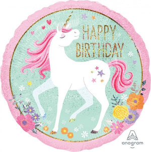 45cm Magical Unicorn Holographic Happy Birthday Round Foil Balloon UNINFLATED