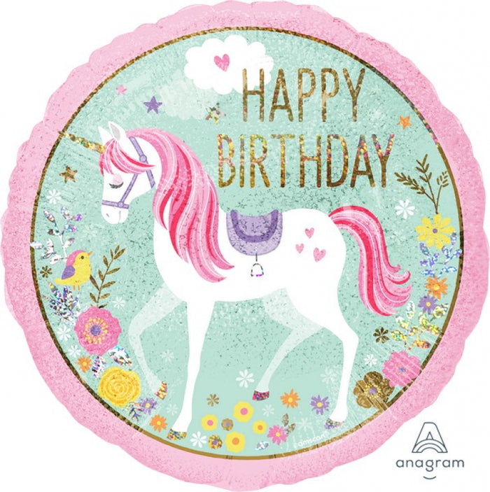 45cm Magical Unicorn Holographic Happy Birthday Round Foil Balloon UNINFLATED