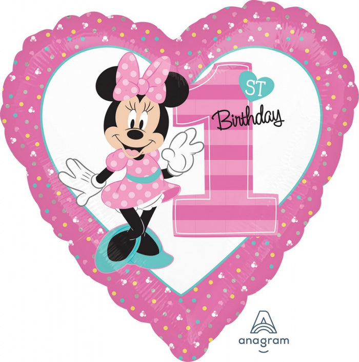 45cm Minnie Mouse 1st Birthday Heart Foil Balloon UNINFLATED
