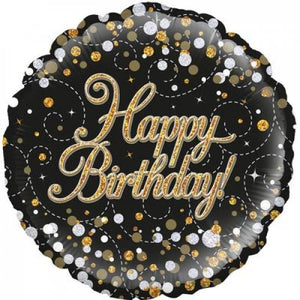 45cm Sparkling Fizz Black & Gold Happy Birthday Round Foil Balloon UNINFLATED