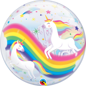 Birthday Rainbow Unicorns 22 Inch Qualatex Bubble Balloon UNINFLATED