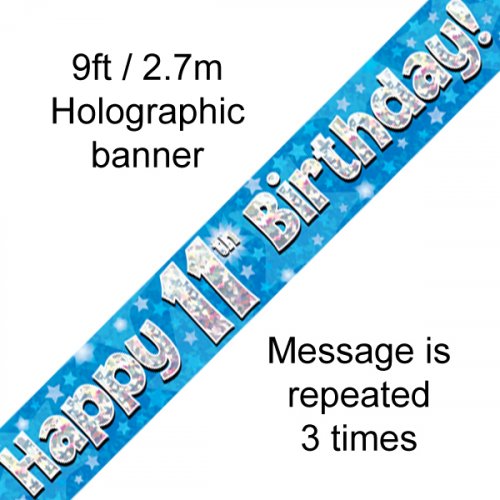 Blue Holographic 11th Happy Birthday Foil Banner