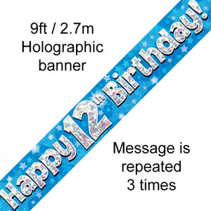 Blue Holographic 12th Happy Birthday Foil Banner