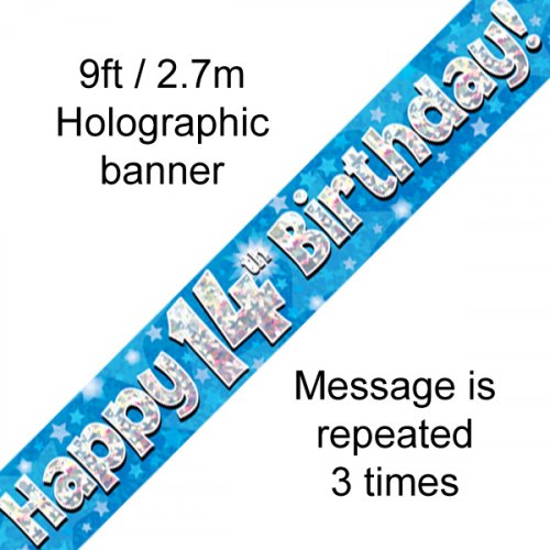 Blue Holographic 14th Happy Birthday Foil Banner
