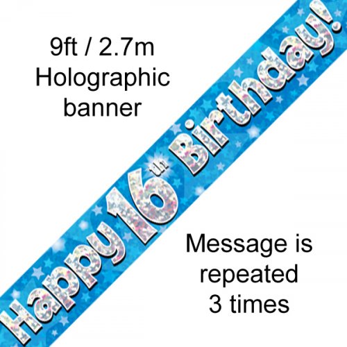 Blue Holographic 16th Happy Birthday Foil Banner