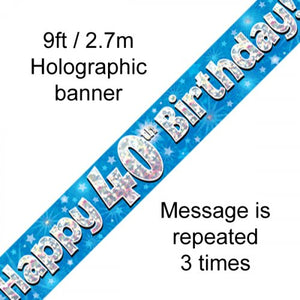 Blue Holographic 40th Happy Birthday Foil Banner