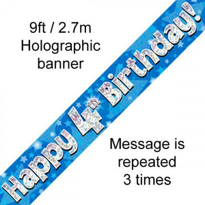 Blue Holographic 4th Happy Birthday Foil Banner