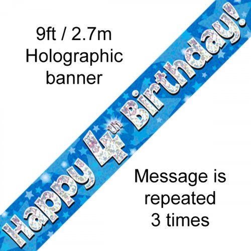 Blue Holographic 4th Happy Birthday Foil Banner