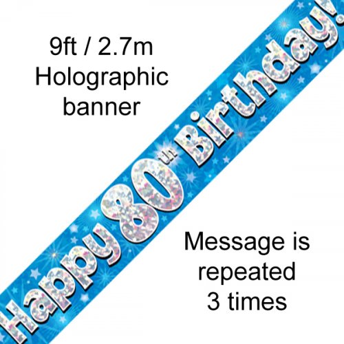 Blue Holographic 80th Happy Birthday Foil Banner