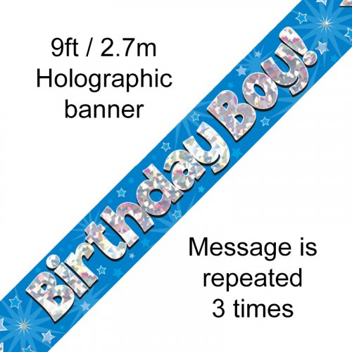 Blue Holographic Birthday Boy Foil Banner