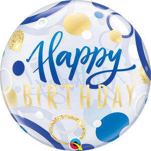 22"  Single Bubble Happy Birthday Blue & Gold Dots Qualatex Bubble Balloon UNINFLATED