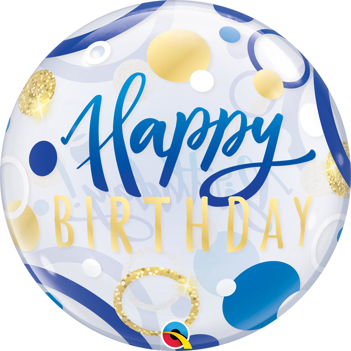 22"  Single Bubble Happy Birthday Blue & Gold Dots Qualatex Bubble Balloon UNINFLATED