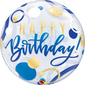 22"  Single Bubble Happy Birthday Blue & Gold Dots Qualatex Bubble Balloon UNINFLATED