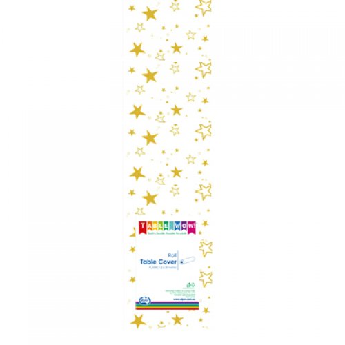 Clear - Gold Stars Printed Plastic Tablecover Roll