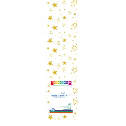 Clear - Gold Stars Printed Plastic Tablecover Roll