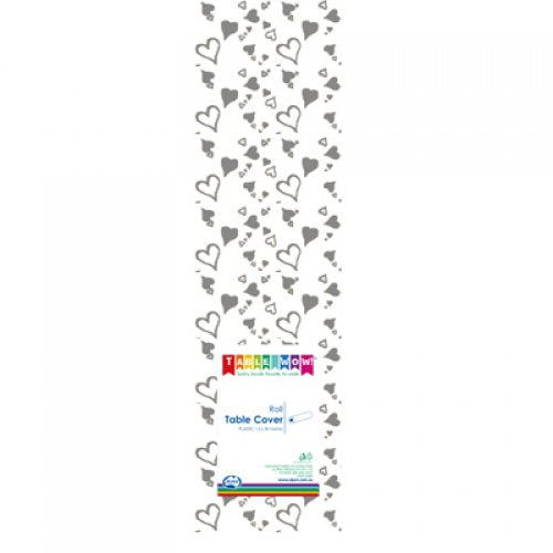 Clear - Silver Hearts Printed Plastic Tablecover Roll