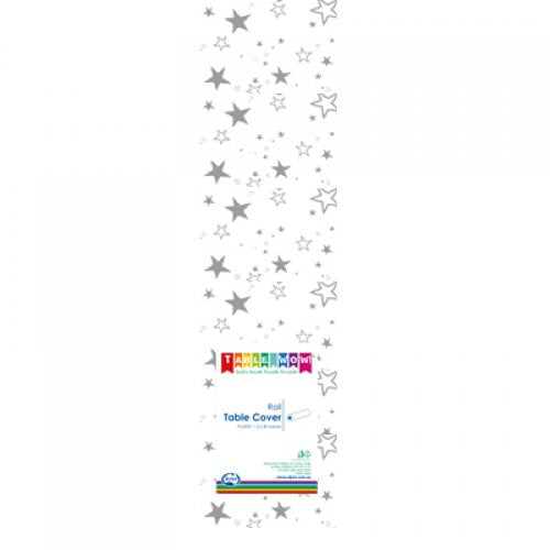 Clear - Silver Stars Printed Plastic Tablecover Roll