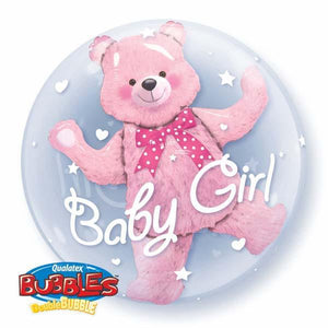 Double Bubble Baby Girl Pink Bear 24 Inch Qualatex Bubble Balloon UNINFLATED
