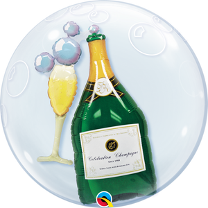 Double Bubble Bubbly Wine Bottle and Glass 24 Inch Qualatex Bubble Balloon UNINFLATED