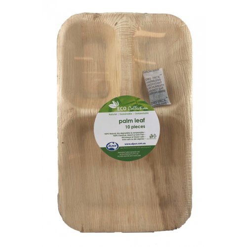 Eco Friendly Palm Leaf 3 Section Rectangle Plate 11 Inch x 7 Inch - Pack of 10