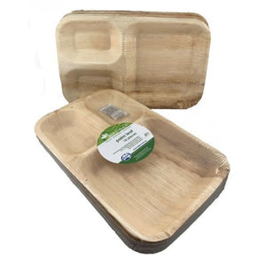 Eco Friendly Palm Leaf 3 Section Rectangle Plate 11 Inch x 7 Inch - Pack of 10