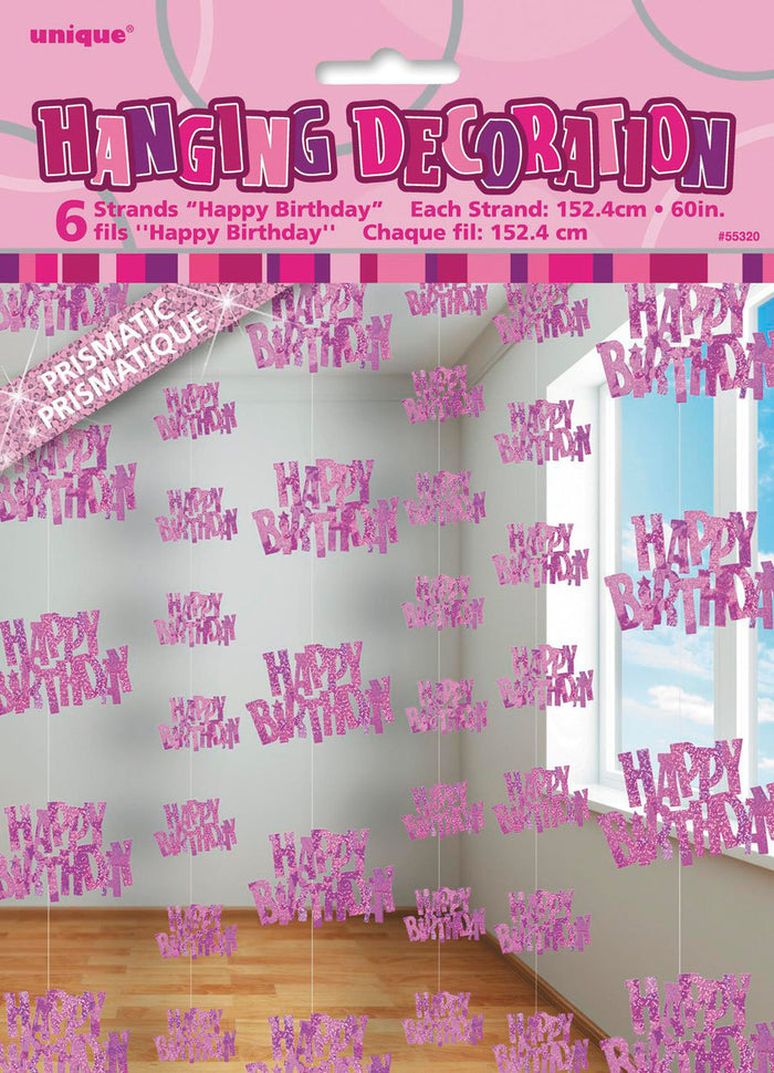 Glitz Pink Happy Birthday Hanging Swirl Decorations