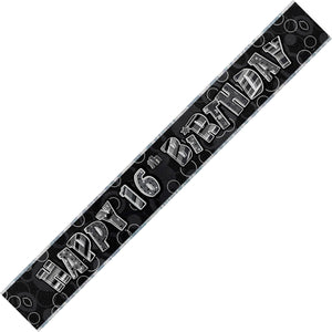 Glitz Black And Silver 16th Happy Birthday Foil Banner