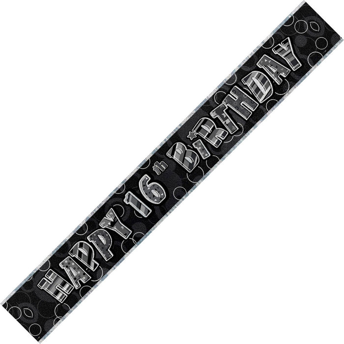 Glitz Black And Silver 16th Happy Birthday Foil Banner
