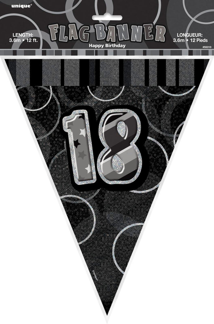 Glitz Black And Silver 18th Happy Birthday Flag Banner