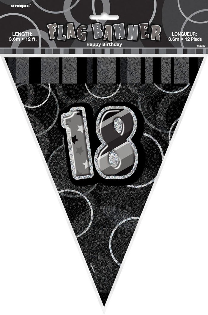 Glitz Black And Silver 18th Happy Birthday Flag Banner