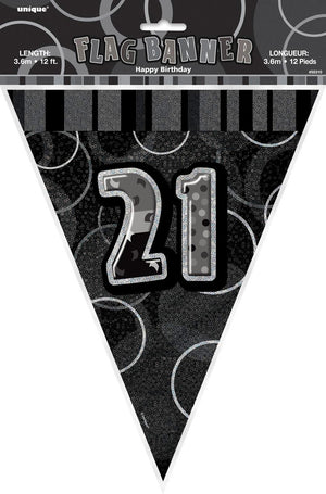 Glitz Black And Silver 21st Happy Birthday Flag Banner