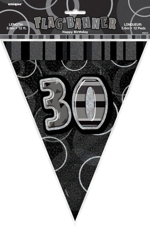 Glitz Black And Silver 30th Happy Birthday Flag Banner