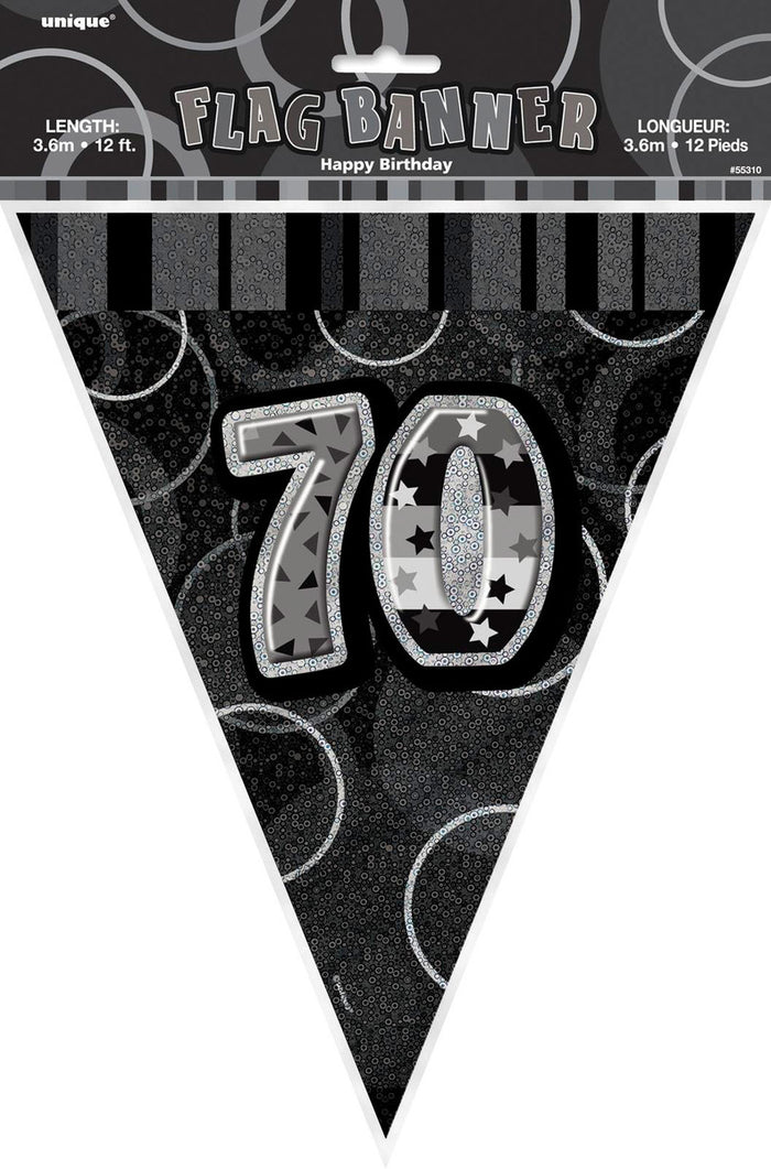 Glitz Black And Silver 70th Happy Birthday Flag Banner