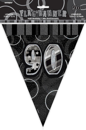 Glitz Black And Silver 90th Happy Birthday Flag Banner