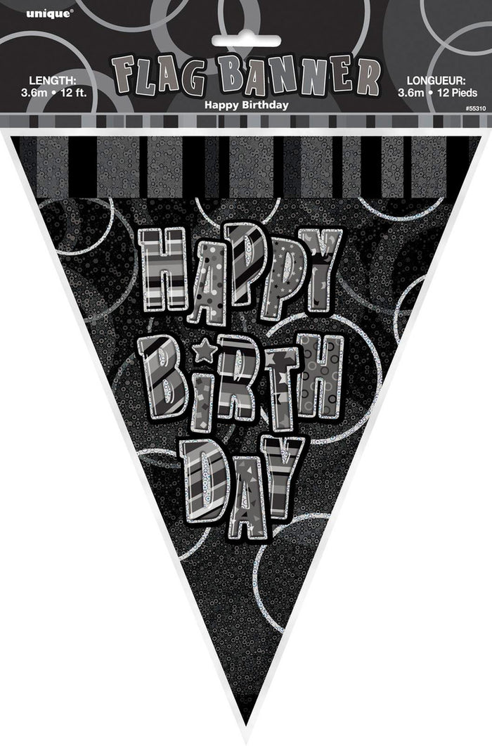 Glitz Black And Silver Happy Birthday Flag Banner