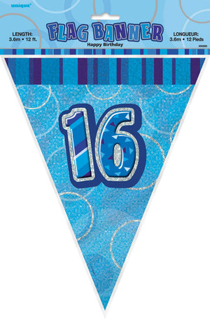 Glitz Blue 16th Happy Birthday Flag Banner