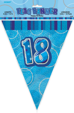Glitz Blue 18th Happy Birthday Flag Banner