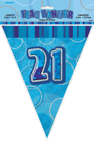 Glitz Blue 21st Happy Birthday Flag Banner