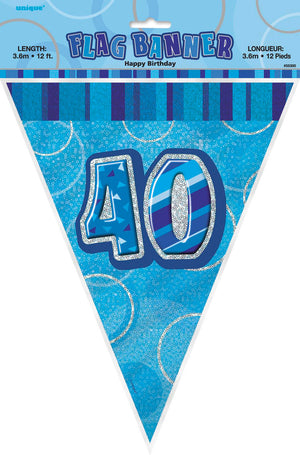 Glitz Blue 40th Happy Birthday Flag Banner
