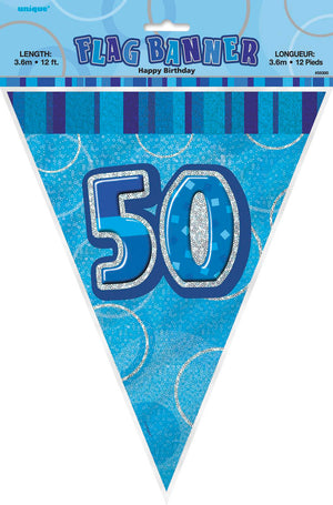 Glitz Blue 50th Happy Birthday Flag Banner