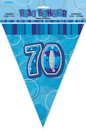 Glitz Blue 70th Happy Birthday Flag Banner