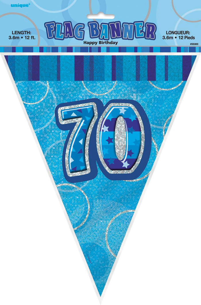 Glitz Blue 70th Happy Birthday Flag Banner