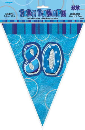 Glitz Blue 80th Happy Birthday Flag Banner