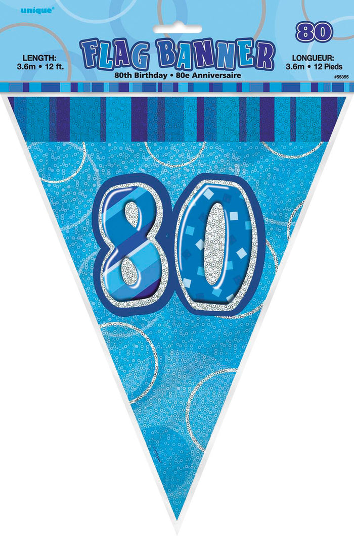 Glitz Blue 80th Happy Birthday Flag Banner