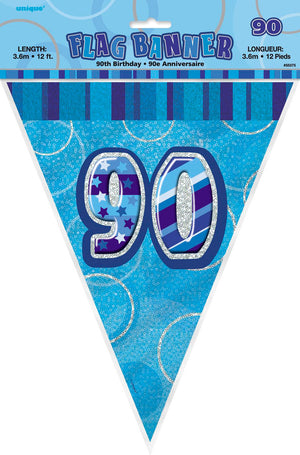 Glitz Blue 90th Happy Birthday Flag Banner