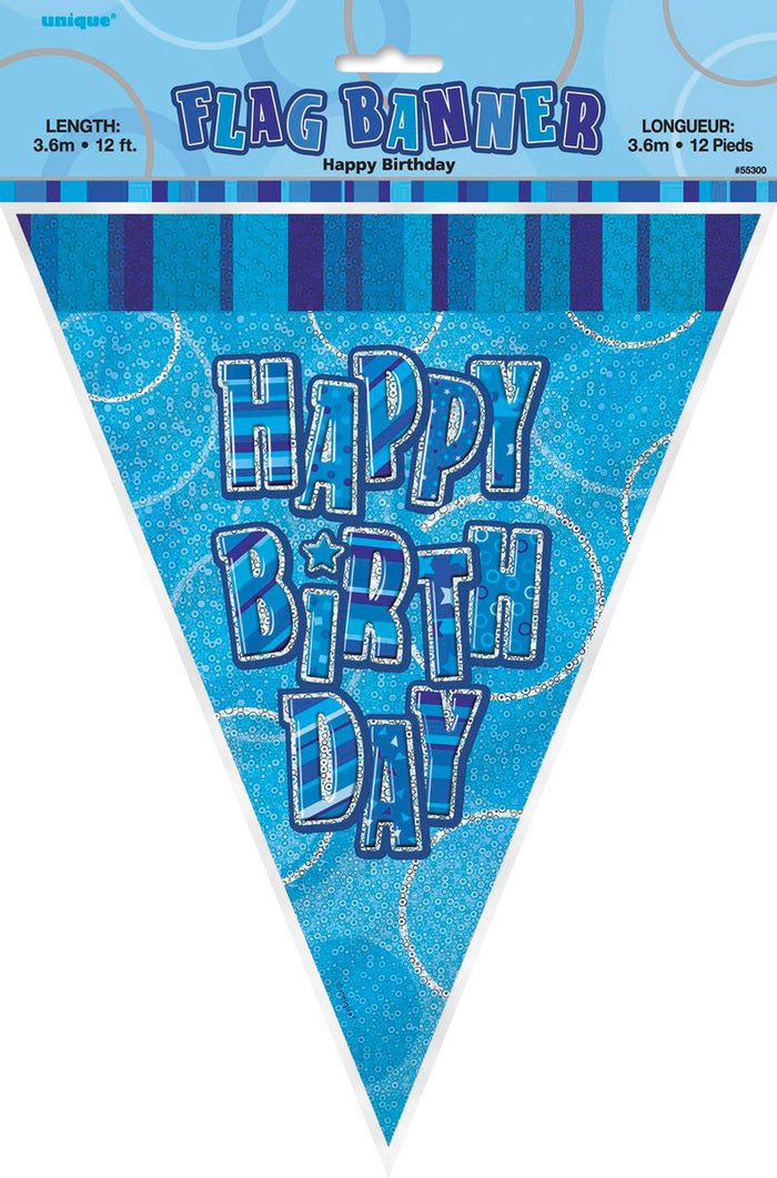 Glitz Blue Happy Birthday Flag Banner