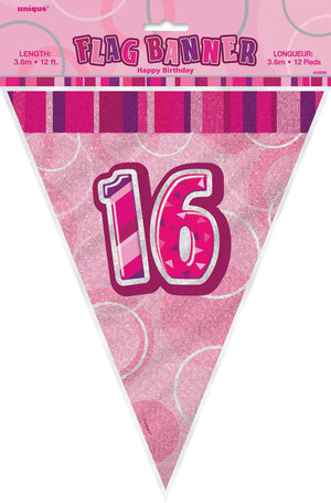 Glitz Pink 16th Happy Birthday Flag Banner