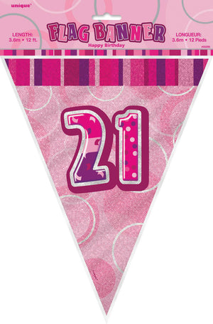 Glitz Pink 21st Happy Birthday Flag Banner